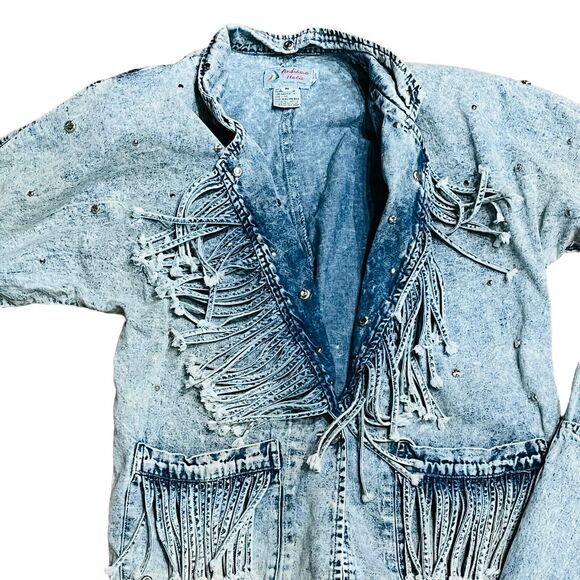 Fringe Acid Wash Denim 2 Piece Jeans Suit Vintage 90s Andiamo Womens Blue Small - Picture 6 of 16